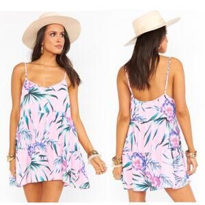 Show Me Your Mumu Caroline Mini Dress Pink Tropical Palm XS Tiered Flowy Boho